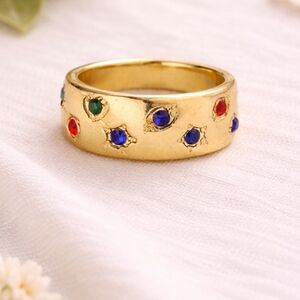 Multicolor Gemstone Band Ring – Gold Tone Confetti Wide Ring Size 8.5
